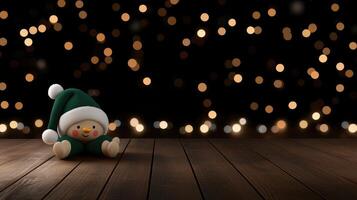 Christmas background with elf on wooden floor with bokeh lights photo