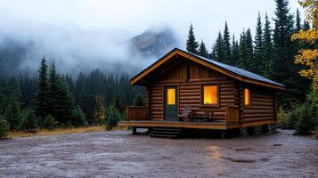 A small cabin sits in the middle of a forest photo
