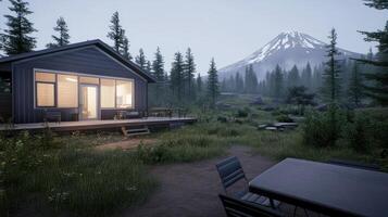 A cabin in the woods with a mountain in the background photo