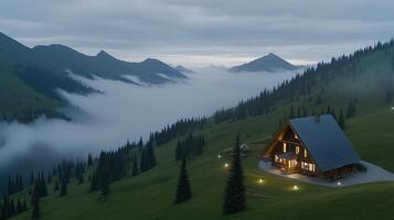 A cabin on a hillside with trees and fog photo