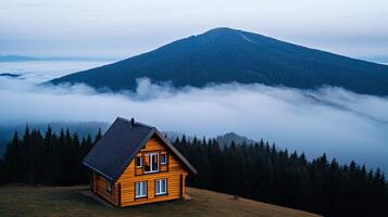 A small cabin in the mountains with fog and mountains photo