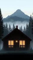 A house in the woods with a mountain in the background photo