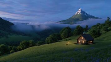 A small cabin sitting on a hillside with a mountain in the background photo