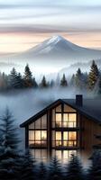 A house in the fog with mountains in the background photo