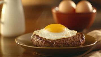 A plate with a steak and an egg on it photo