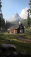 A small cabin in the woods with a mountain in the background photo