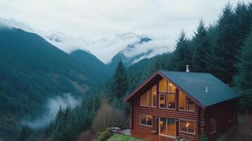 A cabin in the mountains with a view of the forest photo