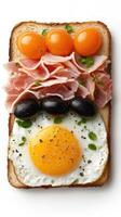 A piece of toast with ham, eggs, and tomatoes photo