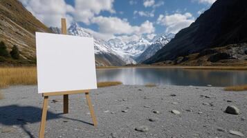 An easel with a blank canvas in front of a lake photo