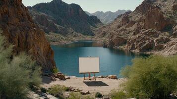 A blank canvas in the middle of a desert with a lake in the background photo