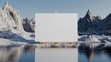 Blank canvas on easel in the middle of a lake photo