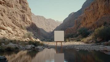 A white square is sitting on a wooden stand in the middle of a river photo