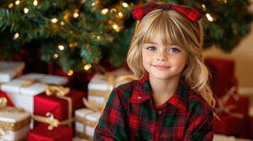 A little girl in a plaid shirt sitting in front of christmas presents photo