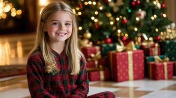 A young girl in pajamas sitting in front of christmas presents photo