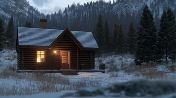 A small cabin in the woods at night photo
