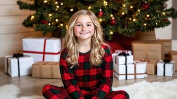 A young girl in red and black plaid pajamas sitting on the floor photo