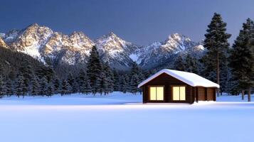 A cabin in the snow with mountains in the background photo