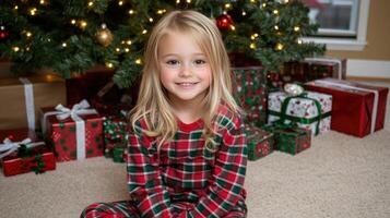 A little girl in pajamas sitting on the floor near christmas presents photo