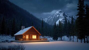 A cabin in the snow at night with a mountain in the background photo