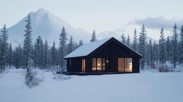 A cabin in the snow with trees and mountains in the background photo