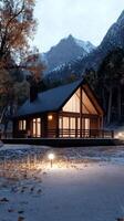 A cabin in the woods at dusk photo