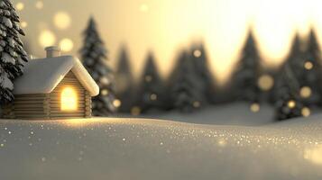 A small wooden house in the snow with trees in the background photo