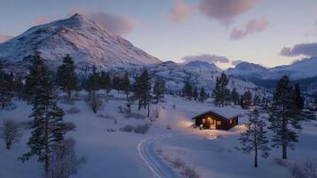 A cabin in the snow with trees and mountains in the background photo