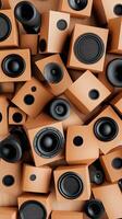 A large group of speakers are arranged in a pile photo