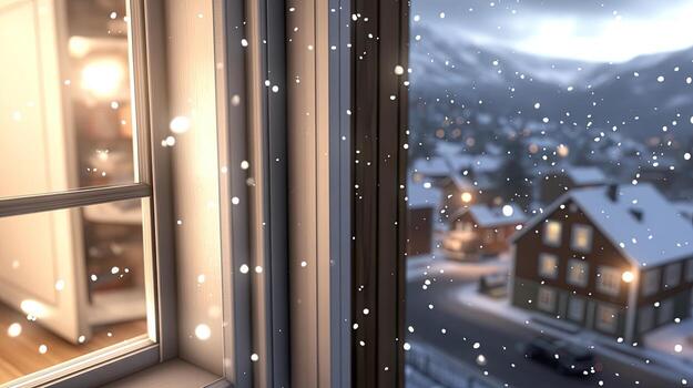 A window with snow falling outside of it photo