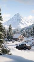 A truck is driving through the snow near a house photo