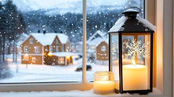 A candle and lantern sit on a window sill in front of a snowy scene photo