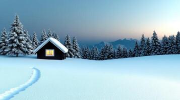 Winter landscape with a small cabin in the snow photo
