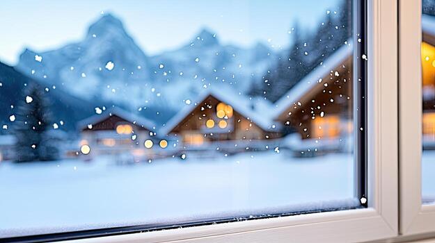 A window with snow falling outside of it photo