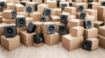 A large group of speakers in boxes on a wooden floor photo
