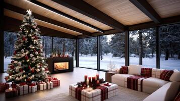 A living room with christmas decorations and a fireplace photo