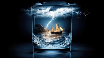 A glass with a ship in it and lightning photo