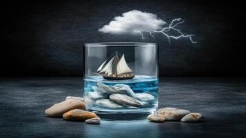 A glass with a boat floating in it and a cloud above it photo