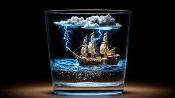 A glass with a ship in it and a lightning bolt photo