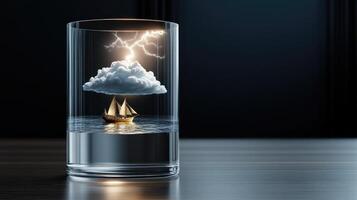 A glass with a ship in it and a cloud photo