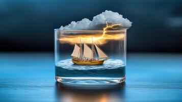 A glass with a ship floating in it and a cloud photo