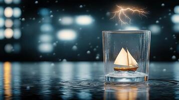 A small sailboat is floating in a glass of water photo