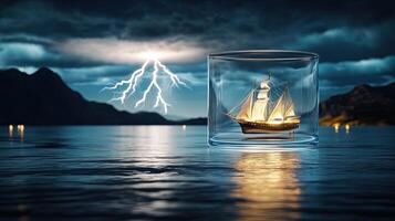 A small ship in a glass with lightning and thunder photo