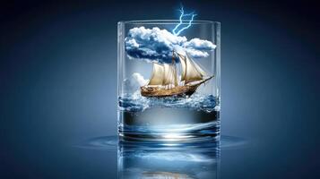 A ship floating in a glass of water with clouds photo