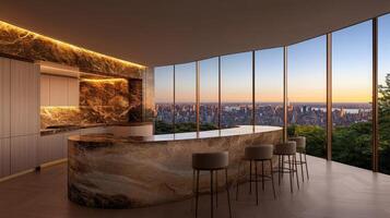 A kitchen with a view of the city photo