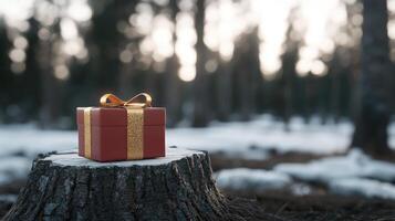 A red gift box sitting on a stump in the snow photo