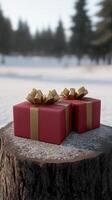Two red presents sitting on a stump in the snow photo