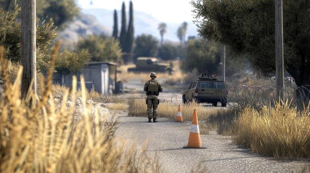 A man walking down a road with a car in the background photo