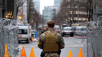 A soldier stands in front of orange cones photo