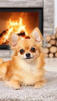 A small dog sitting on a rug in front of a fireplace photo