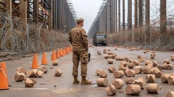 A soldier stands in front of a bridge with many cones photo